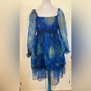 Shein Curve Blue Starry Sheer Puff Sleeve Mini Dress OX